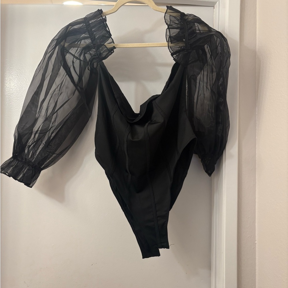 SHEIN Black Bustier Sheer Long Sleeve Bodysuit